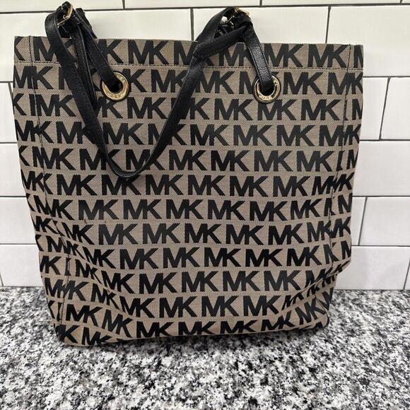 Michael Kors Leather Trim Signature Monogram Tote Shoulder Bag Black Brown - Picture 1 of 6